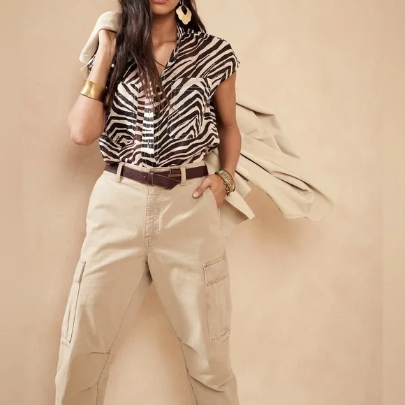 Banana Republic Ramie Utility Shirt Women Medium Tall Safari Zebra Print - Picture 13 of 13